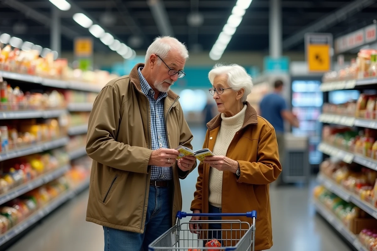 Couple de retraités comparant les prix dans un supermarché pour gérer leur budget face à l'inflation