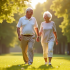 Couple senior joyeux marchant main dans la main dans un parc ensoleille