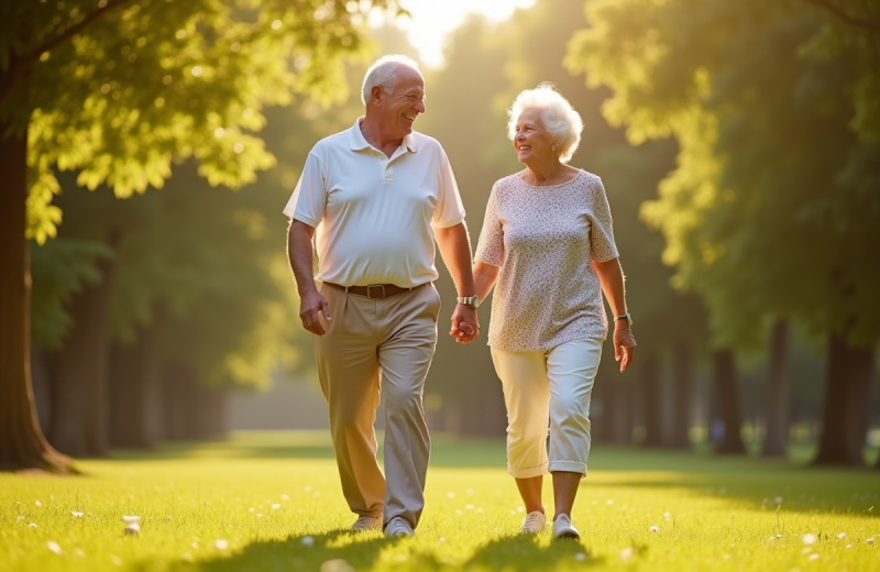 Couple senior joyeux marchant main dans la main dans un parc ensoleille