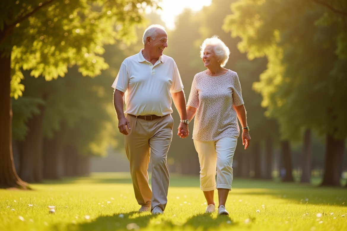 Couple senior joyeux marchant main dans la main dans un parc ensoleille