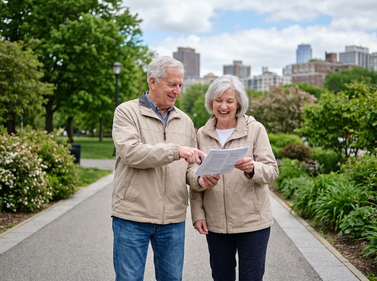 Couple senior marchant dans un parc urbain discutant de documents santé
