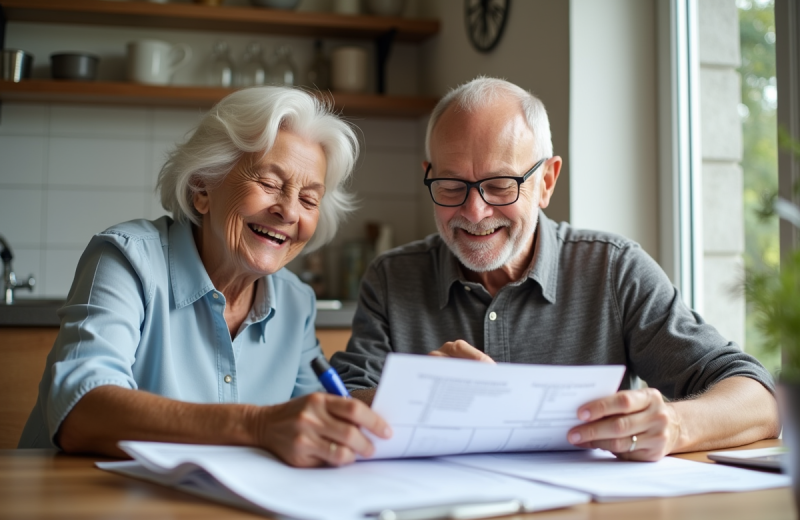 Couple senior souriant en préparant des documents financiers