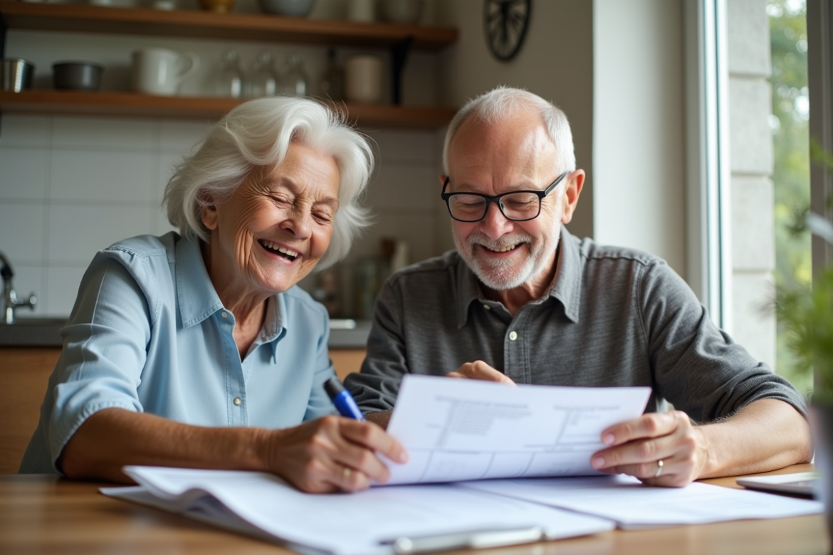 Couple senior souriant en préparant des documents financiers