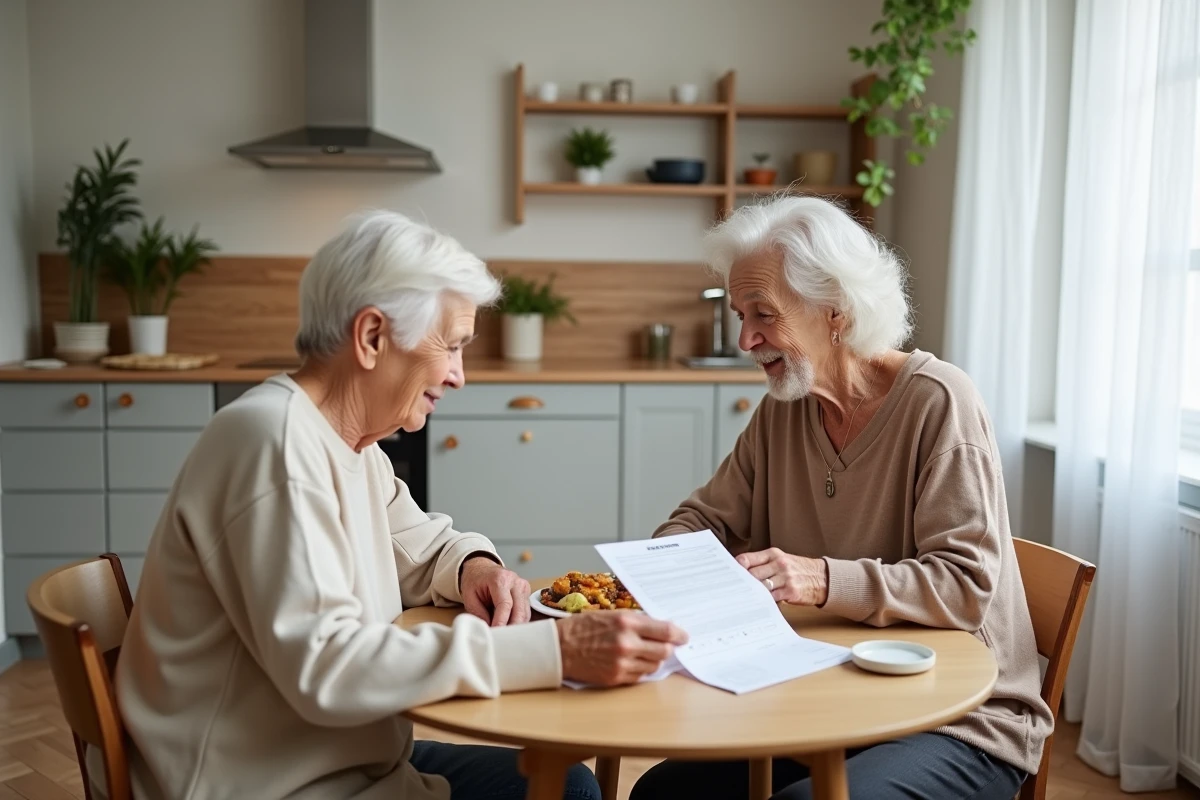 Couple de seniors comparant des options de résidences seniors à Nîmes selon leur budget autour d'une table