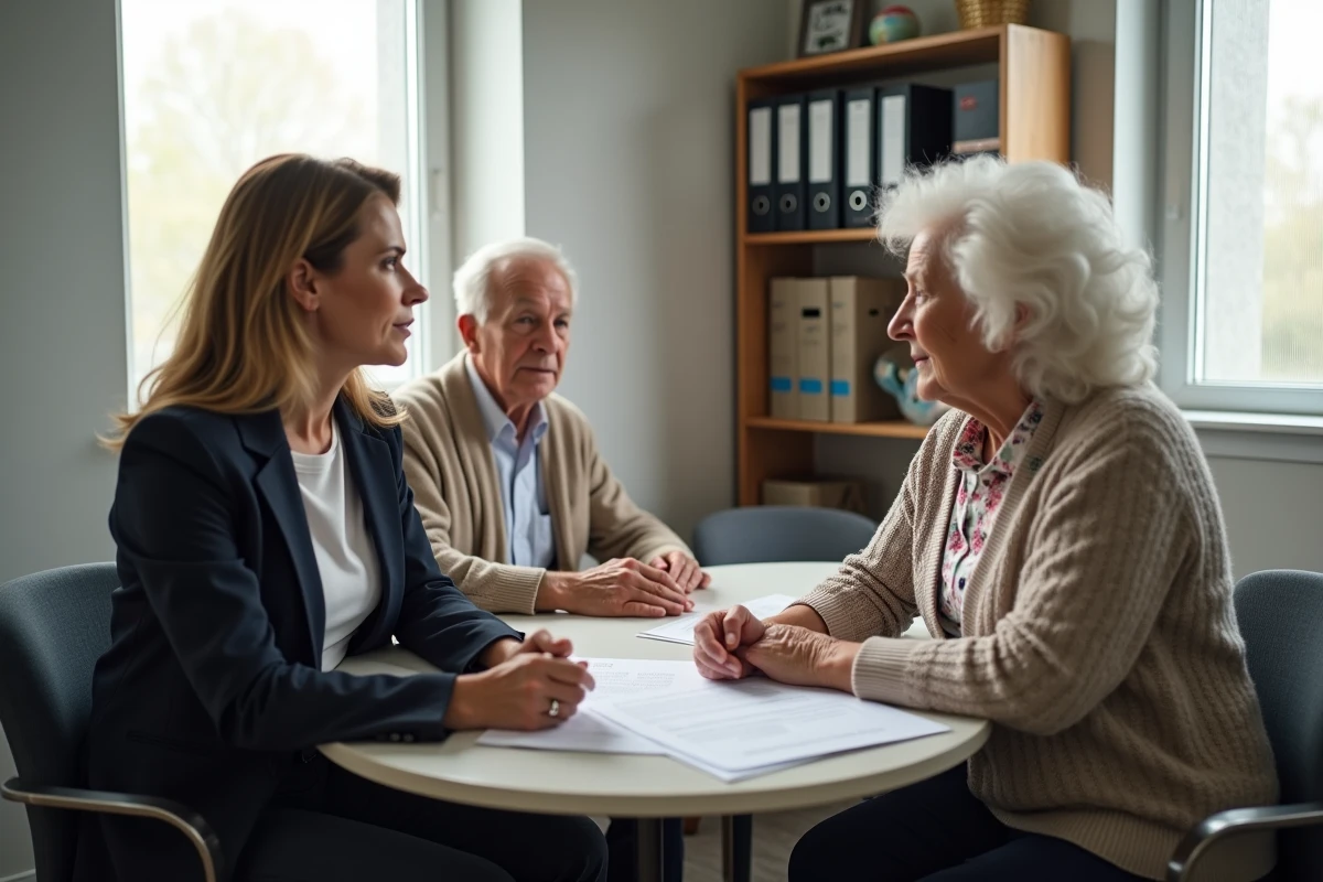 Couple de locataires seniors en consultation avec une assistante sociale pour connaître leurs droits liés à l'âge et au handicap