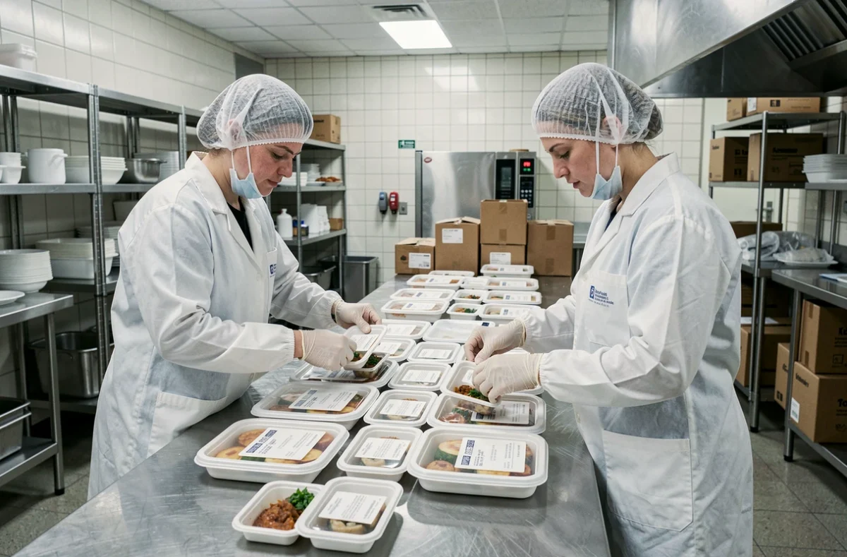 Préparation et conditionnement de repas dans une cuisine municipale de portage à domicile