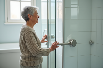 Femme âgée tenant une barre d'appui dans la salle de bain