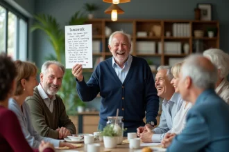 Groupe de collègues rieurs lors d'un départ en retraite