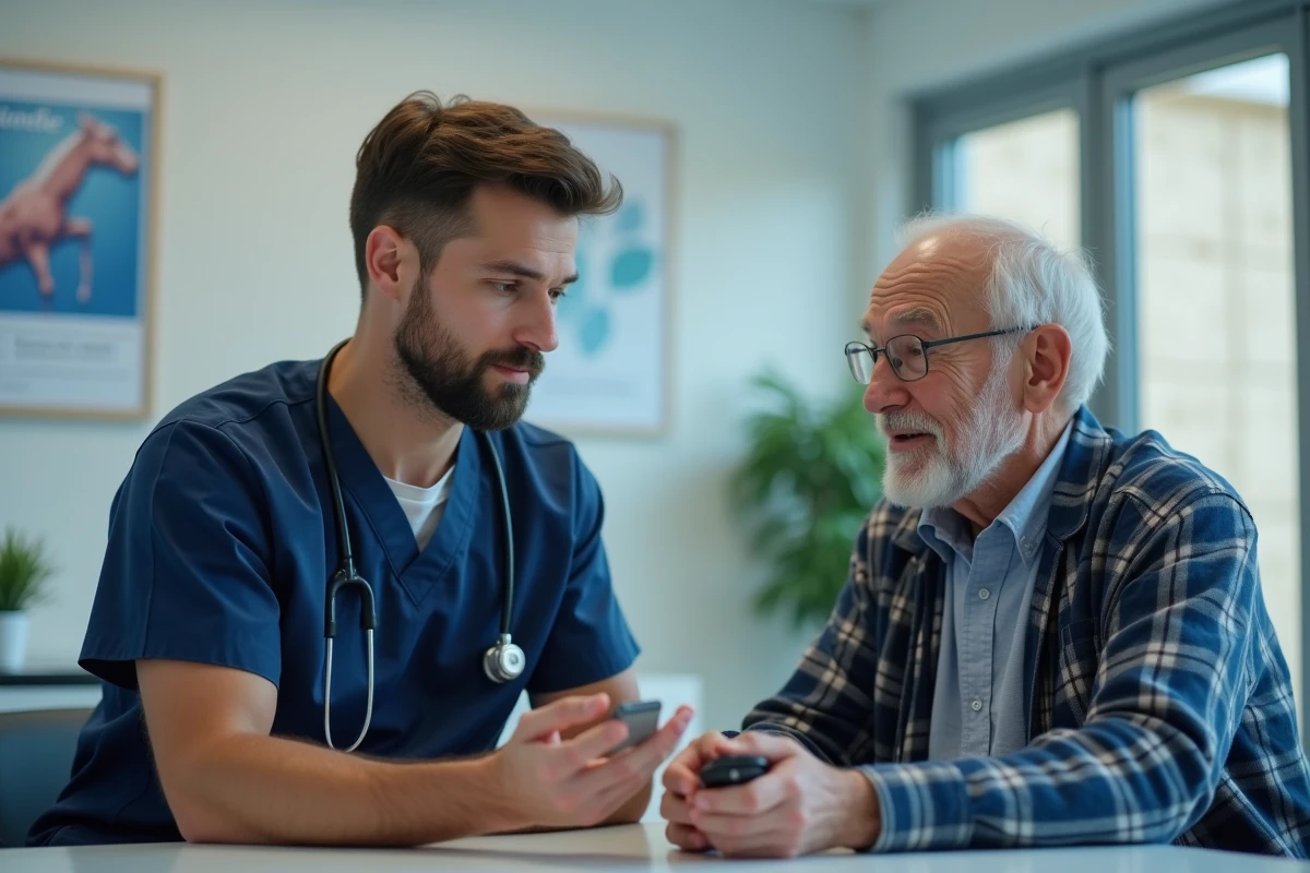 Un infirmier gériatrique présente un dispositif GPS médical à un patient âgé lors d'une consultation dédiée à la maladie d'Alzheimer