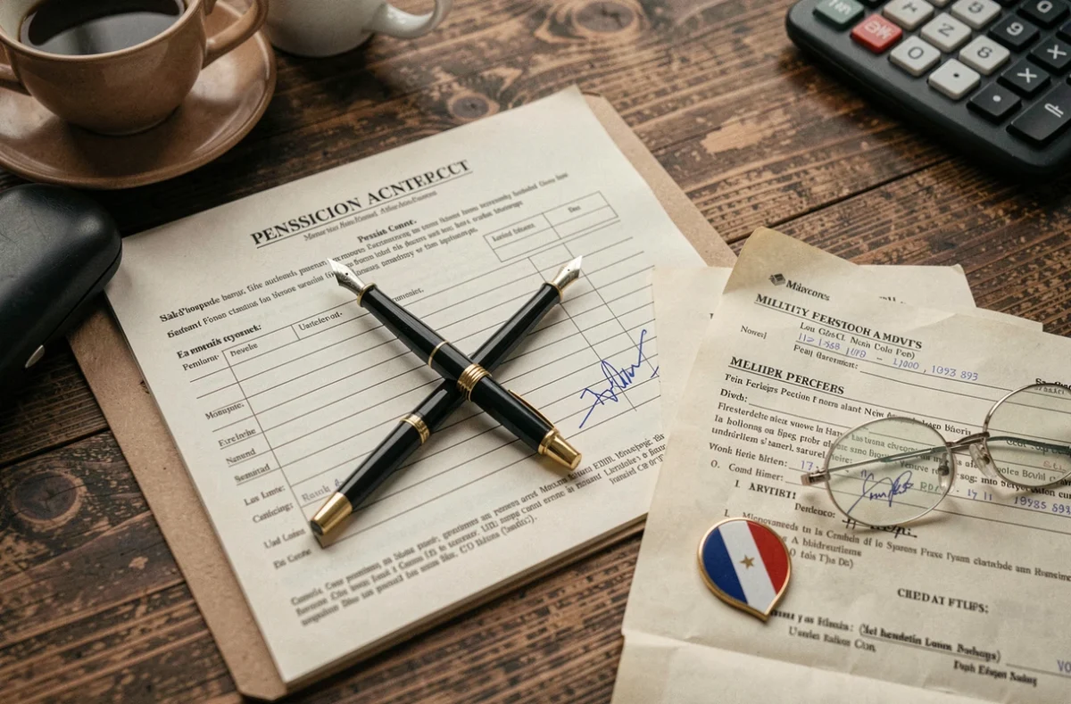 Documents officiels de rachat d'années pour la retraite mutualiste des combattants posés sur un bureau en bois
