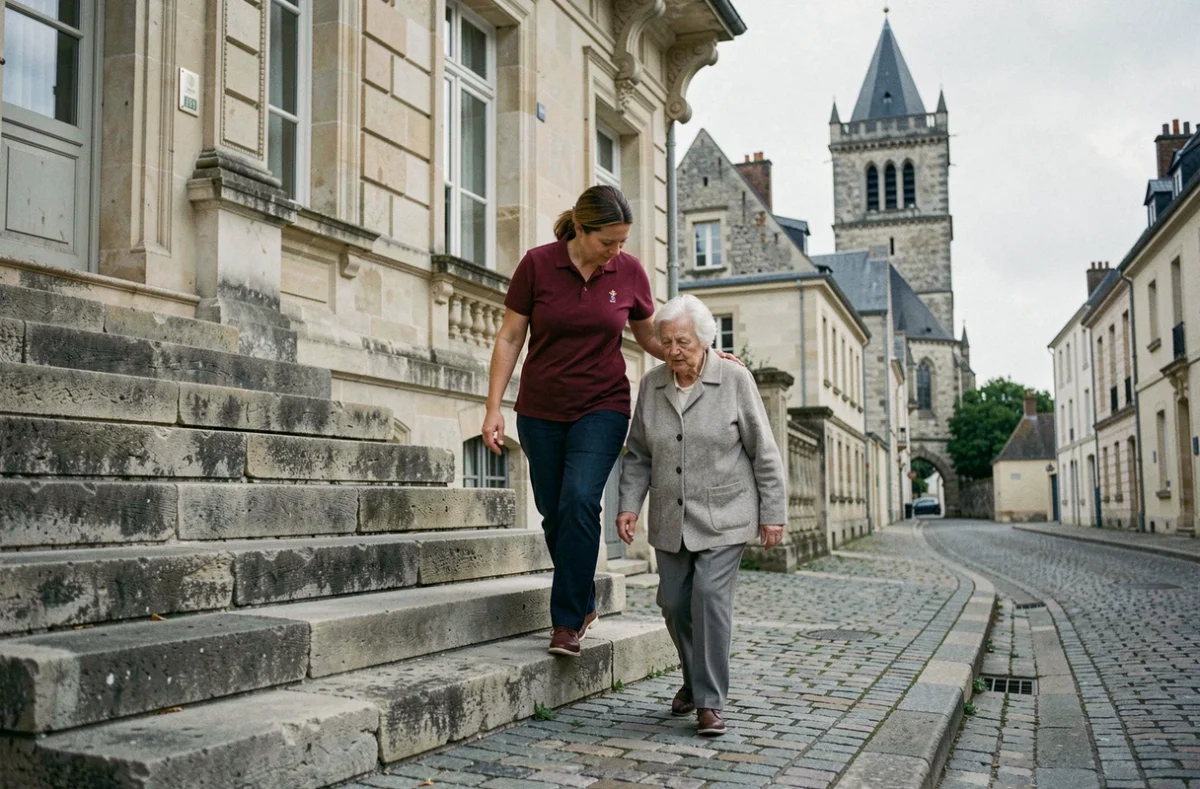 Une aide à domicile Domidom Laon accompagne une femme âgée sur les marches en pierre d'une maison typique de Laon avec tour médiévale en arrière-plan