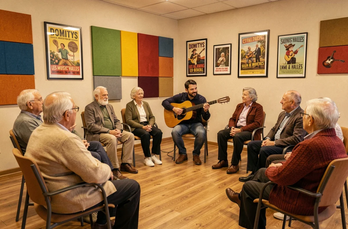 Des résidents seniors assistant à un concert de guitare acoustique dans la salle d'animation de la résidence Domitys Les Music'Halles à Salon-de-Provence
