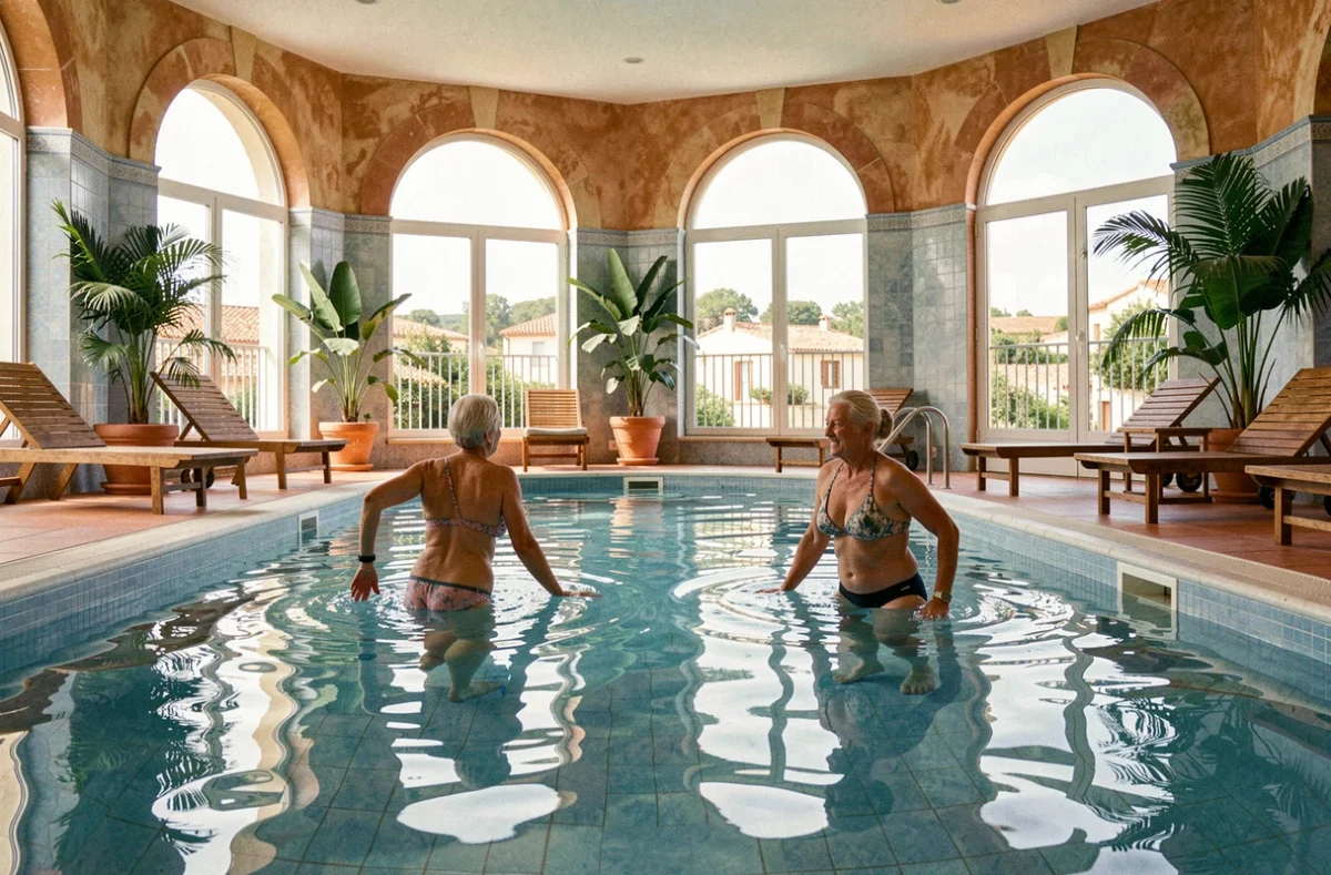 Deux résidents seniors faisant des exercices aquatiques dans la piscine intérieure de la résidence Domitys Le Mas des Music'Halles à Martigues