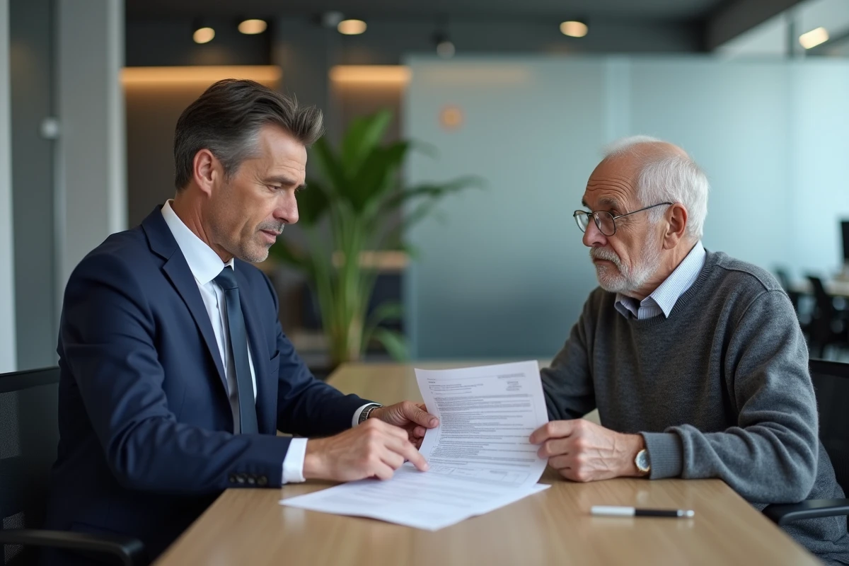 Conseiller bancaire expliquant un virement à un senior en agence pour sécuriser un don
