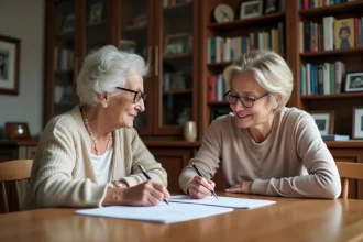 Femme âgée signant un document de don manuel accompagnée d'une proche à domicile