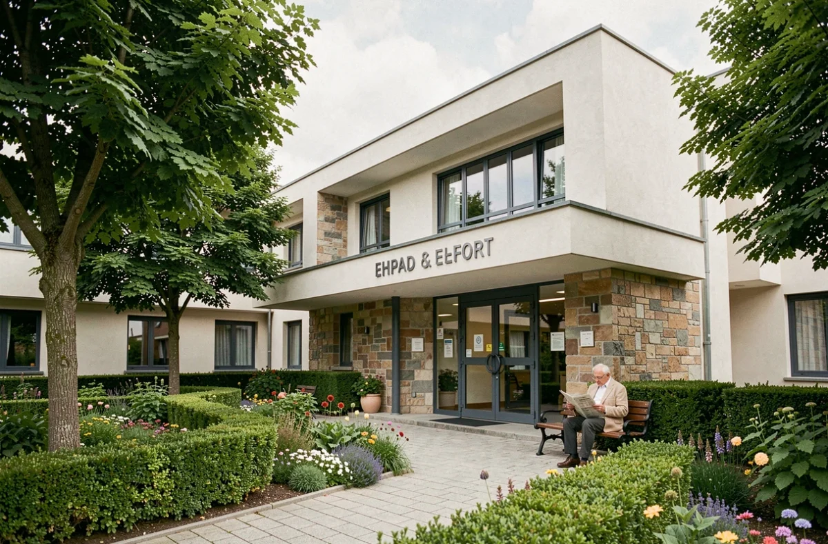 Façade extérieure de l'EHPAD Mutualité Comtoise de La Miotte à Belfort avec jardin d'entrée soigné