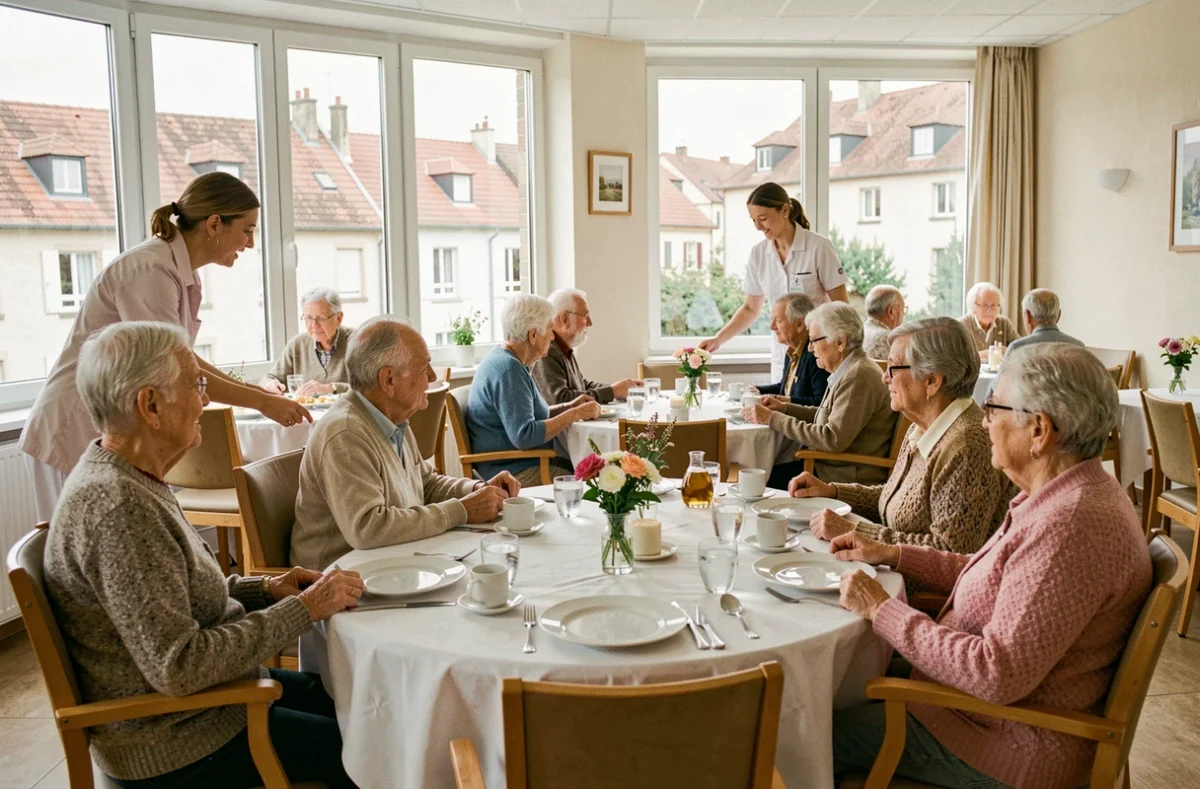 Salle à manger lumineuse de l'EHPAD Mutualité Comtoise La Retraite à Besançon avec résidents au repas