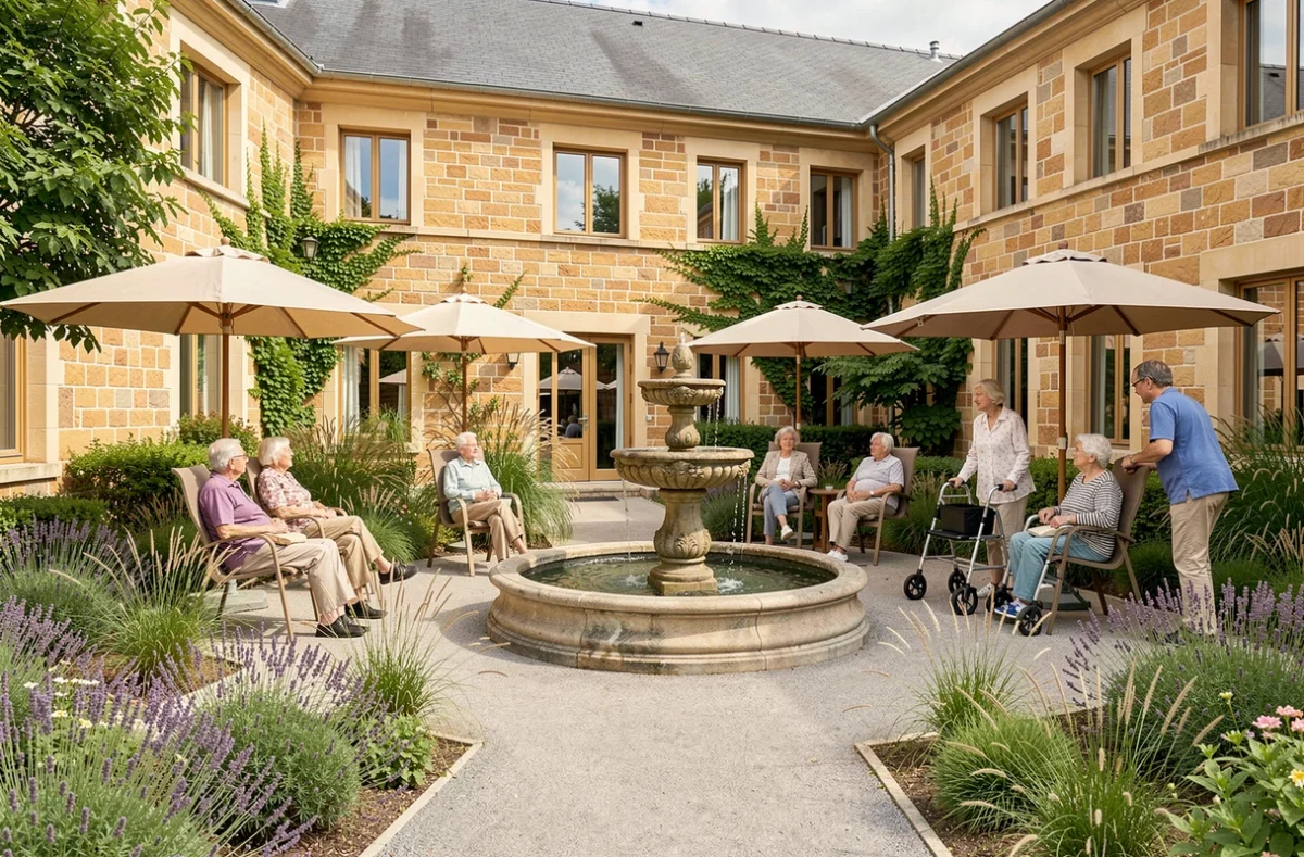 Cour-jardin paisible de l'EHPAD ORPEA La Claire Fontaine en Saône-et-Loire avec résidents autour d'une fontaine