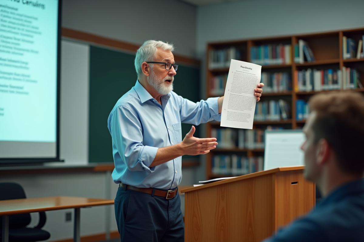 Enseignant en classe montrant un document de recherche APA