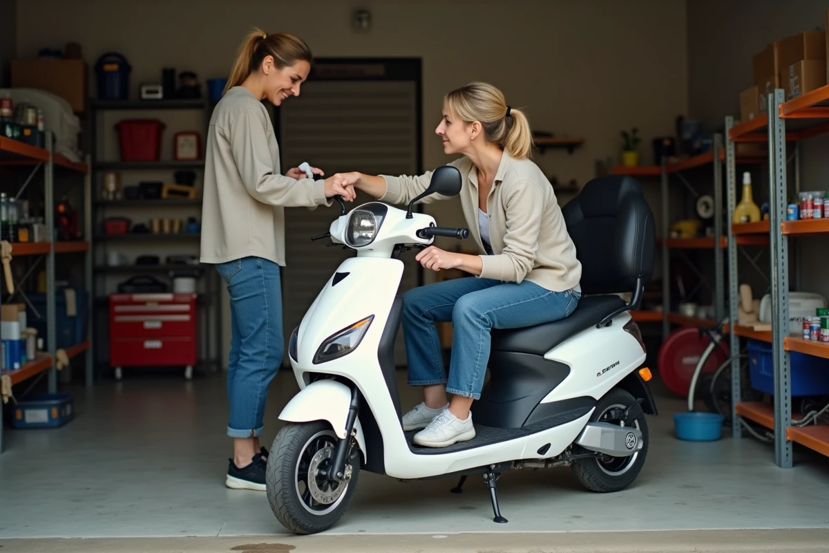 Femme entretenant son scooter électrique PMR dans un garage avec un chiffon microfibre