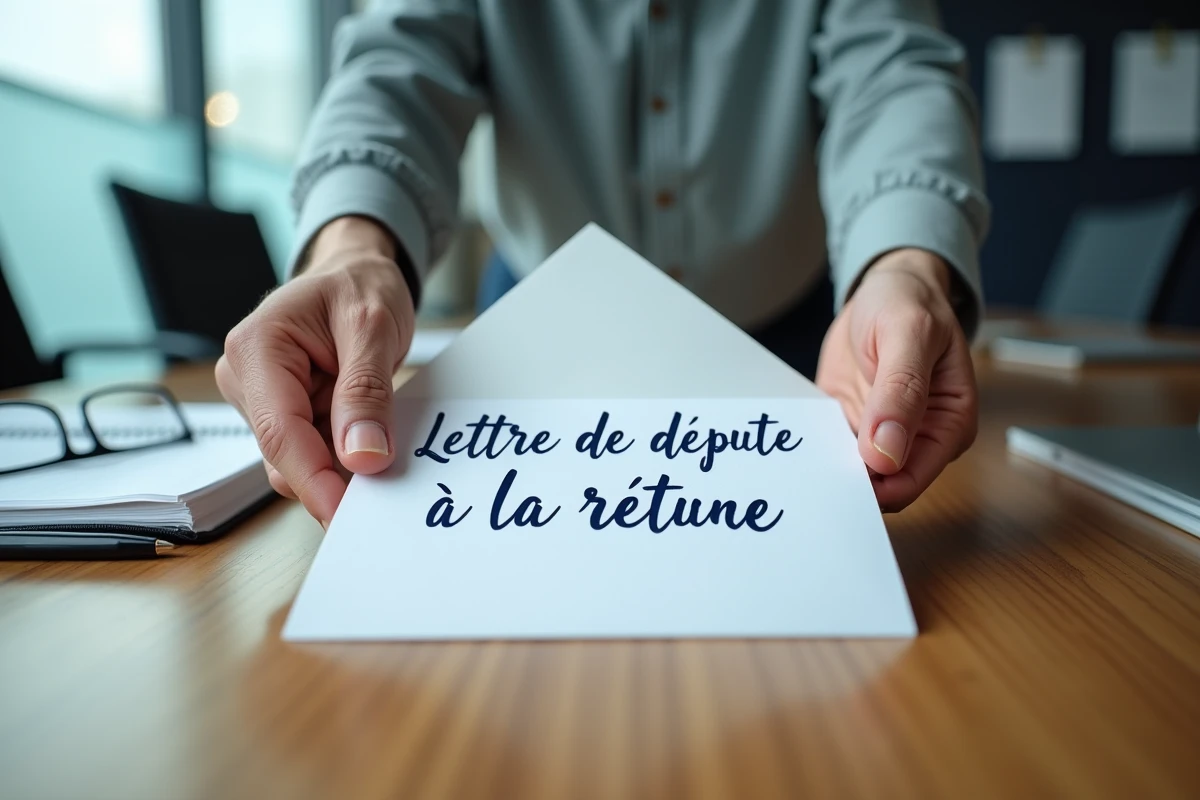 Mains tenant une enveloppe contenant une lettre de départ à la retraite sur une table de réunion professionnelle
