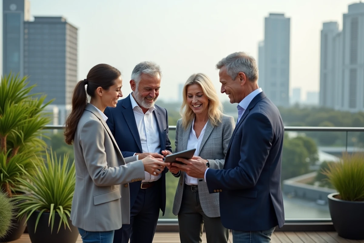 Groupe de consultants discutant sur un toit urbain avec vue sur la ville