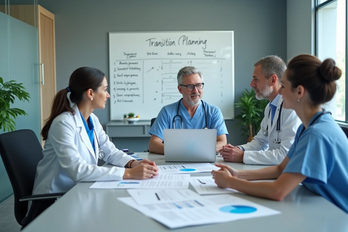 Équipe soignante en réunion de planification de la transition vers une nouvelle plateforme de soins numérique