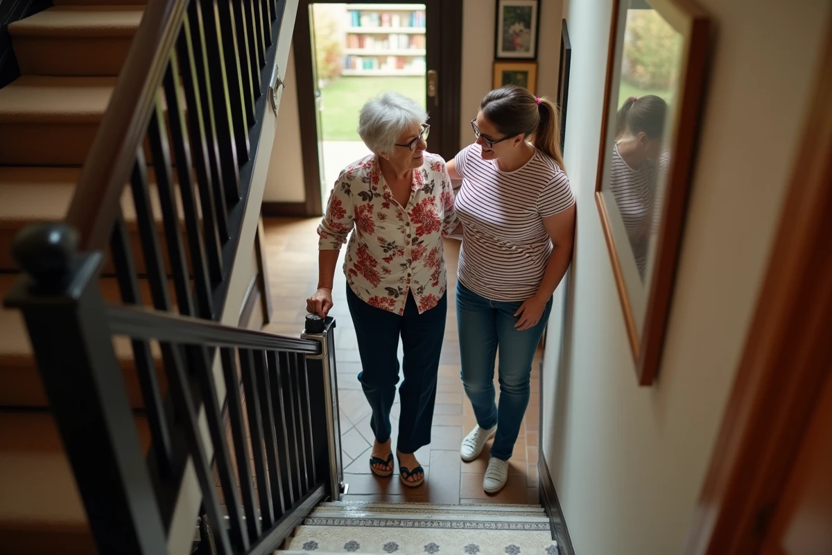 Femme âgée descendant les escaliers sur un monte escalier mobile accompagnée de sa fille dans une maison de ville