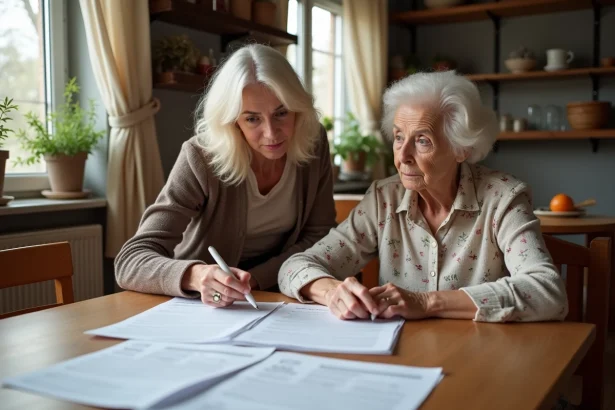 Une femme âgée et sa fille adulte remplissent ensemble un dossier administratif pour évaluer le GIR et les aides à domicile