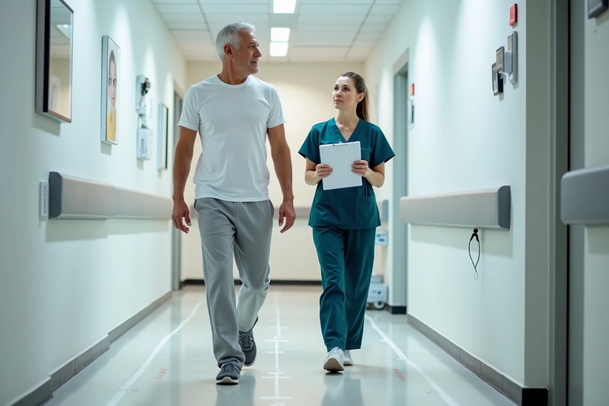 Kinésithérapeute évaluant la vitesse de marche d'un patient âgé dans un couloir de clinique de rééducation