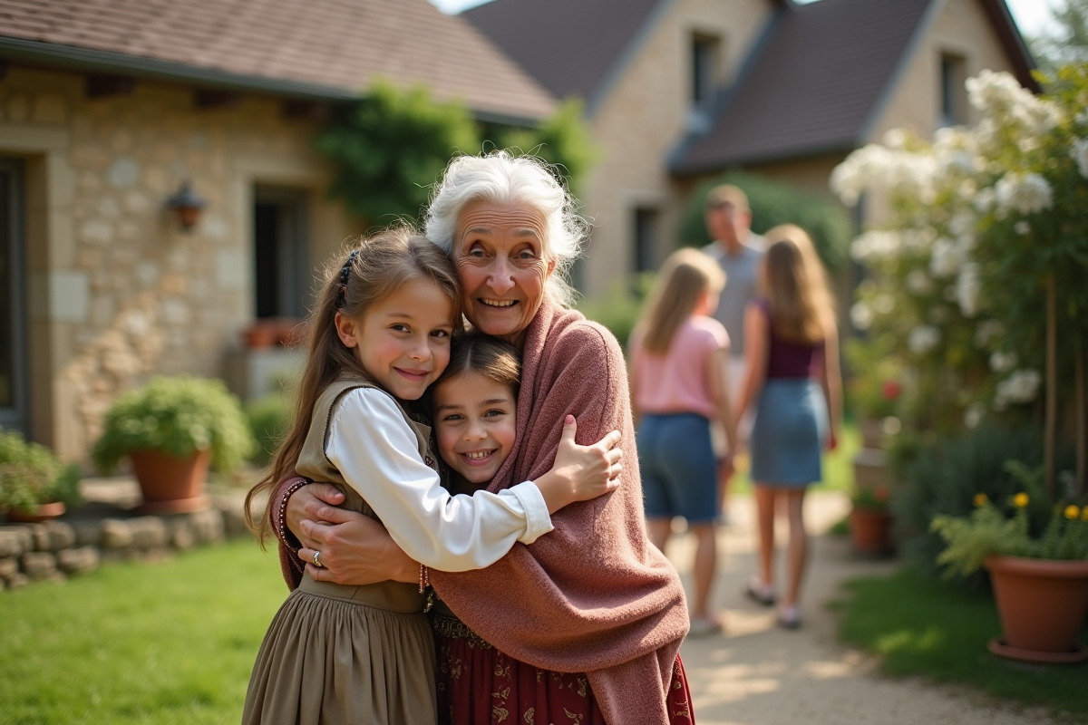 Grand-mère en famille dans un jardin fleuri