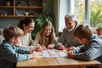 Famille jouant à un jeu de mémoire dans le salon