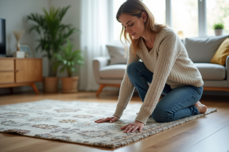 Femme ajustant un tapis antidérapant dans un salon moderne