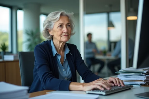 Femme agee au bureau tapant au clavier dans un environnement moderne