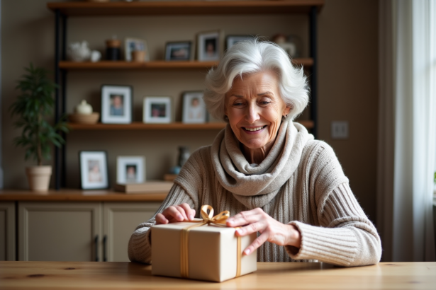 Femme de 70 ans souriante ouvrant un cadeau dans un salon chaleureux