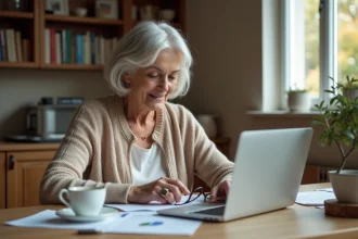 Femme âgée consultant des documents financiers sur les aides pour maison de retraite à son domicile