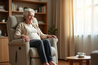Femme âgée se relevant d'un fauteuil releveur électrique rembourré dans un salon cosy, illustrant l'utilisation d'un équipement médical remboursé par la mutuelle ou la sécurité sociale