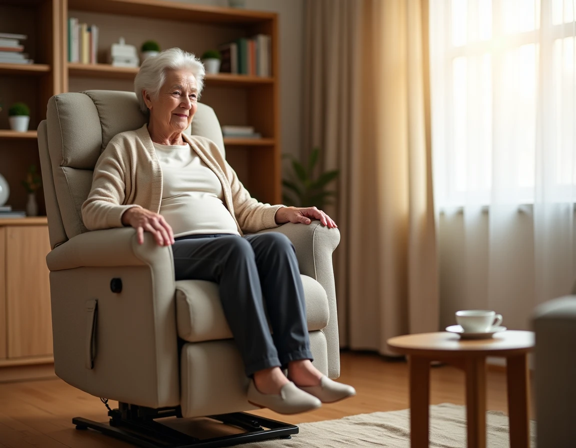 Femme âgée se relevant d'un fauteuil releveur électrique rembourré dans un salon cosy, illustrant l'utilisation d'un équipement médical remboursé par la mutuelle ou la sécurité sociale