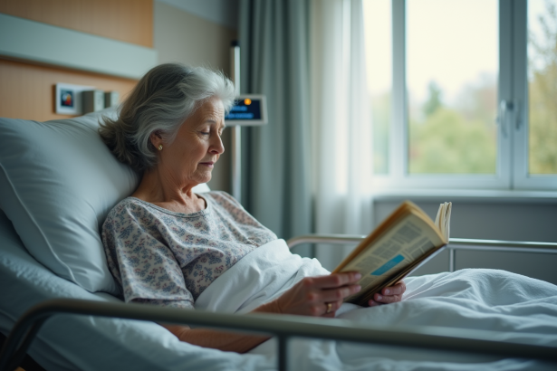 Femme agee lisant un magazine dans un lit d'hôpital