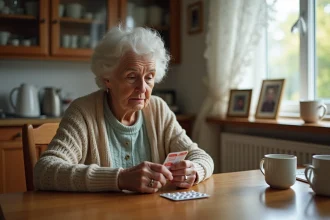 Femme âgée tenant un médicament dans la cuisine chaleureuse