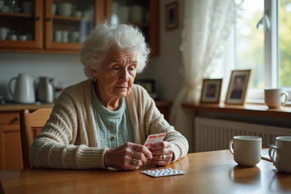 Femme âgée tenant un médicament dans la cuisine chaleureuse