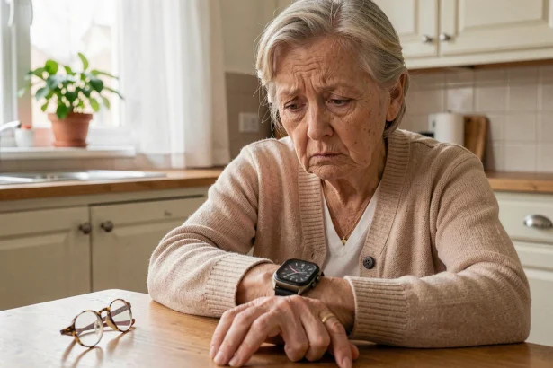 Femme âgée perplexe regardant une montre connectée à grande interface sur son poignet dans une cuisine familiale