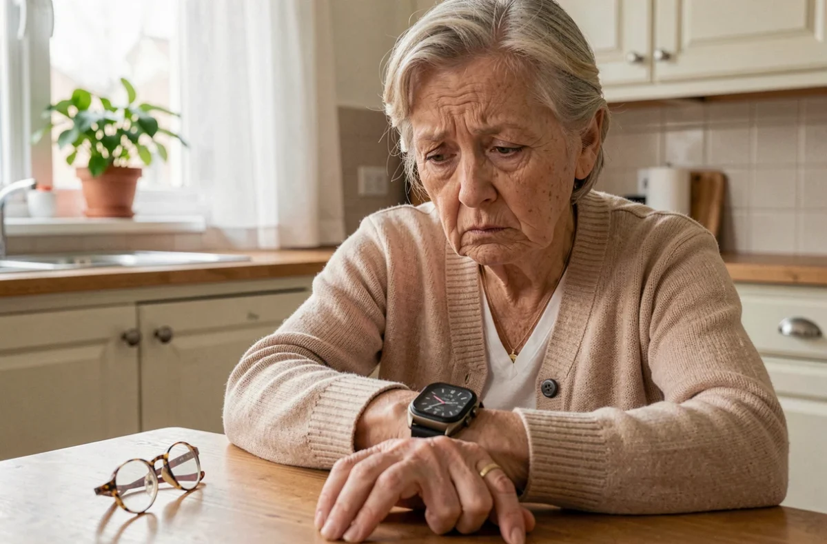 Femme âgée perplexe regardant une montre connectée à grande interface sur son poignet dans une cuisine familiale