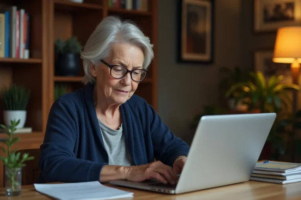Une femme âgée consulte le portail Mon Proxima sur un ordinateur portable à son bureau, illustrant l'autonomie numérique des majeurs protégés
