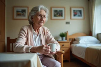 Femme agee pensant dans sa chambre de residence