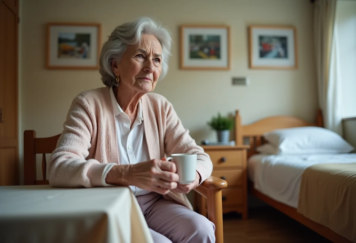 Femme agee pensant dans sa chambre de residence
