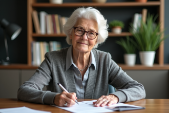 Femme agee signant un document dans un bureau moderne