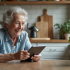 Femme agee souriante lisant une newsletter digitale