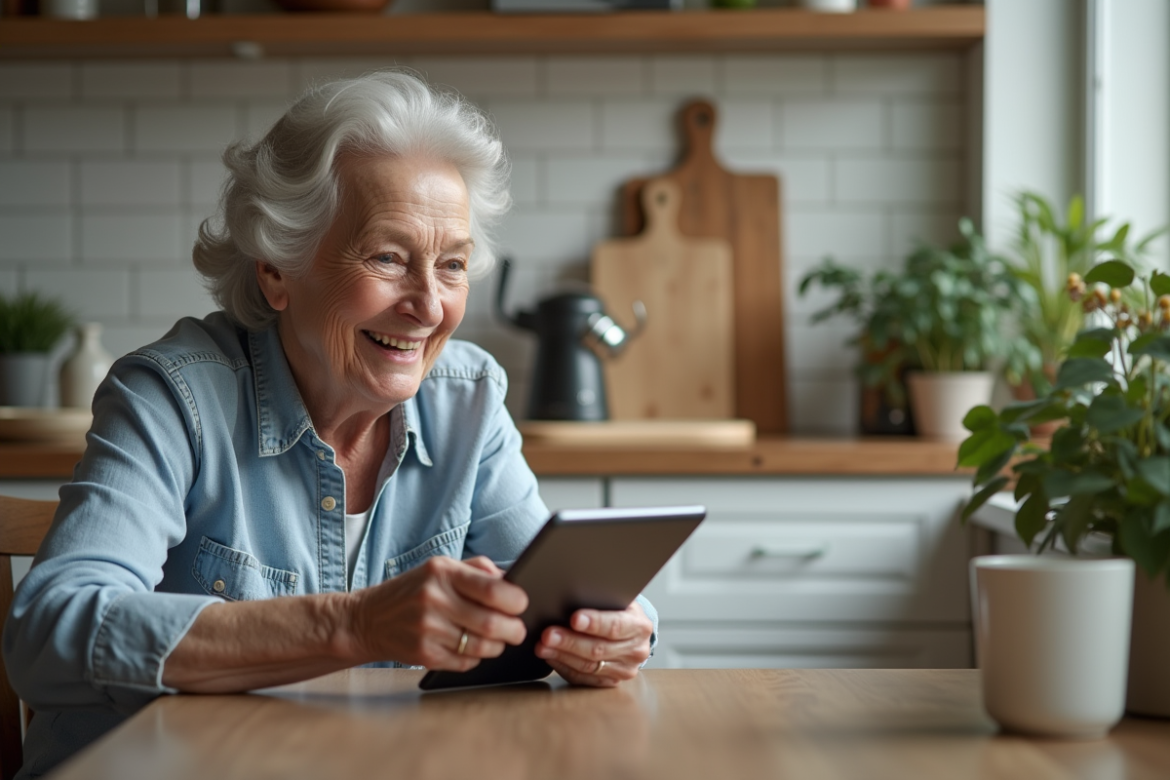 Femme agee souriante lisant une newsletter digitale