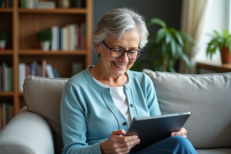 Femme agee utilisant une tablette dans un salon chaleureux